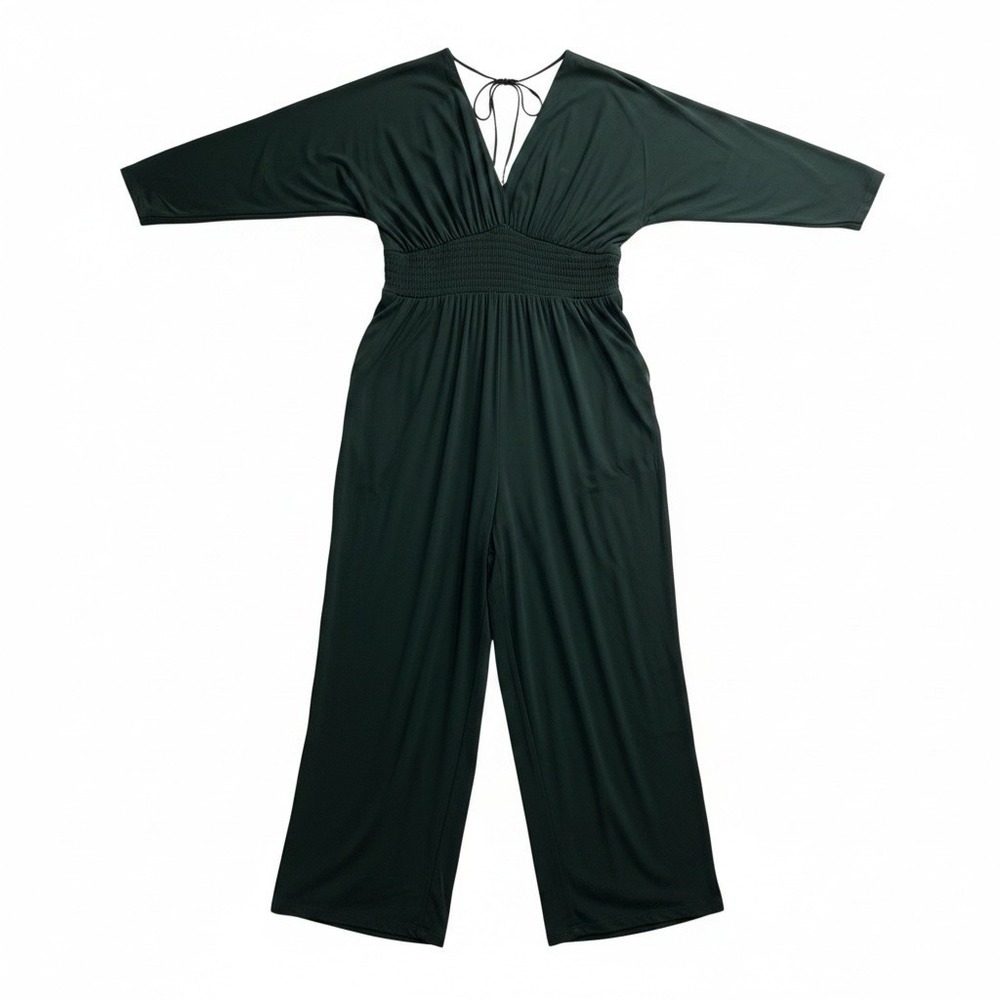Old Navy Jumpsuit Green Jersey Knit Smocked Waist Deep V Wide Leg 3X Comfort